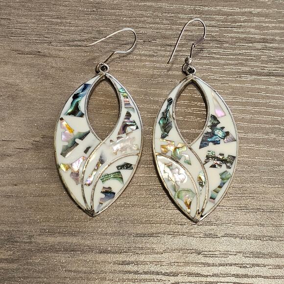 Vintage Alpaca Silver & Abalone Teardrop Cutout Dangle Earrings - Picture 5 of 5